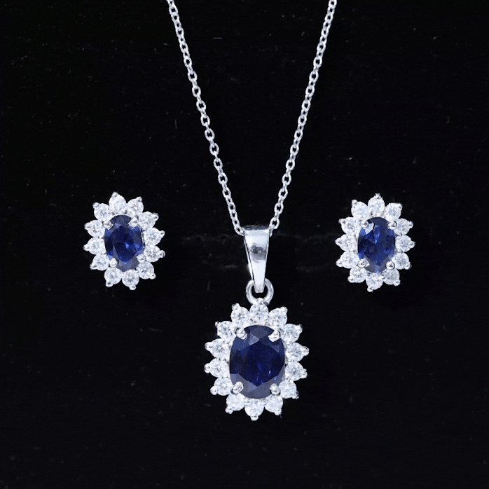 Classic Oval Cut Created Blue Sapphire and Moissanite Halo Jewelry Set