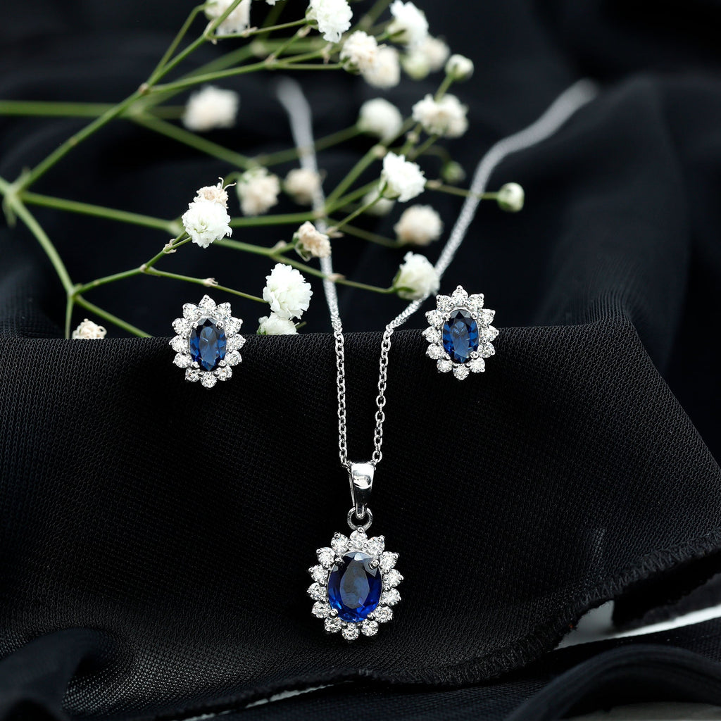 Classic Oval Cut Created Blue Sapphire and Moissanite Halo Jewelry Set