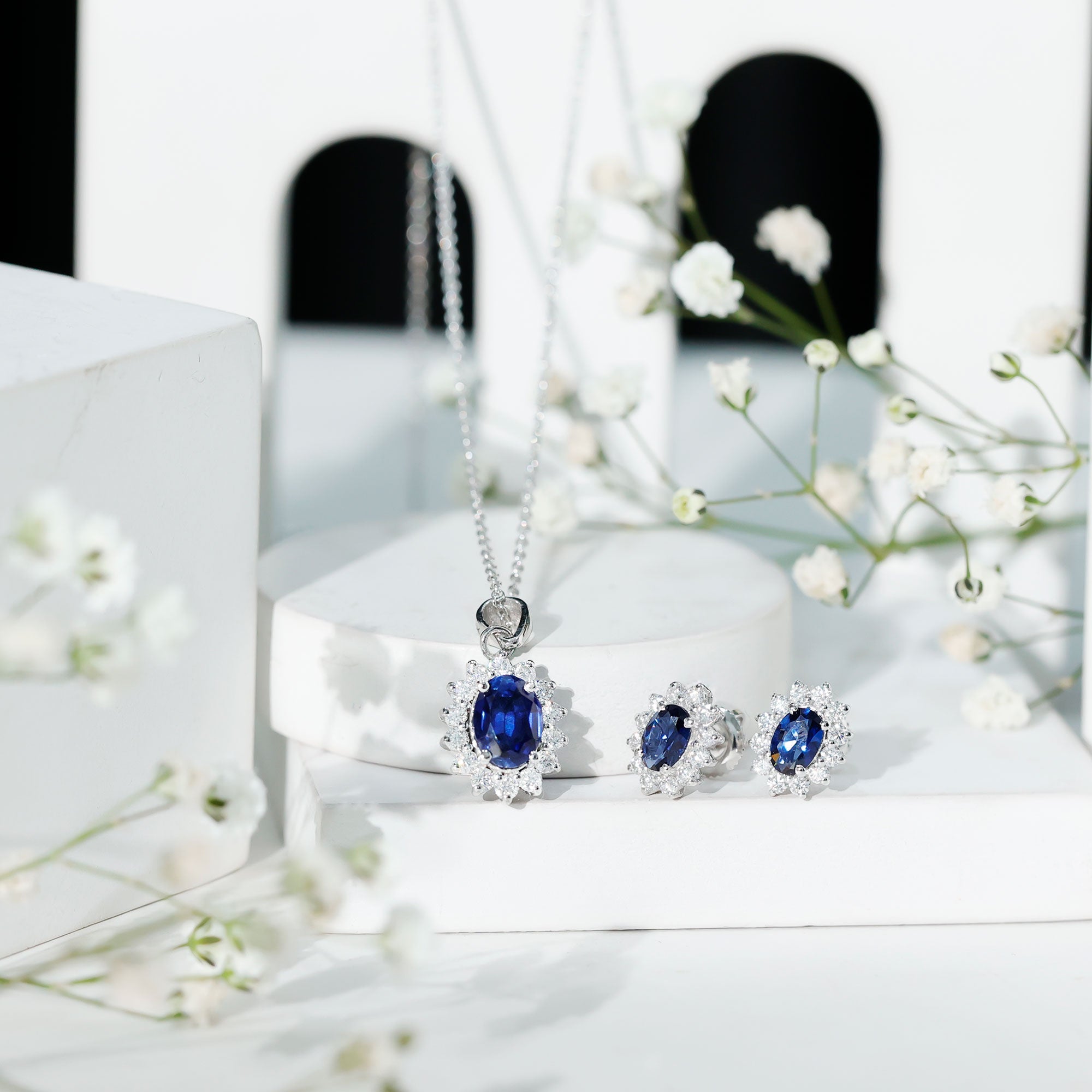 Classic Oval Cut Created Blue Sapphire and Moissanite Halo Jewelry Set