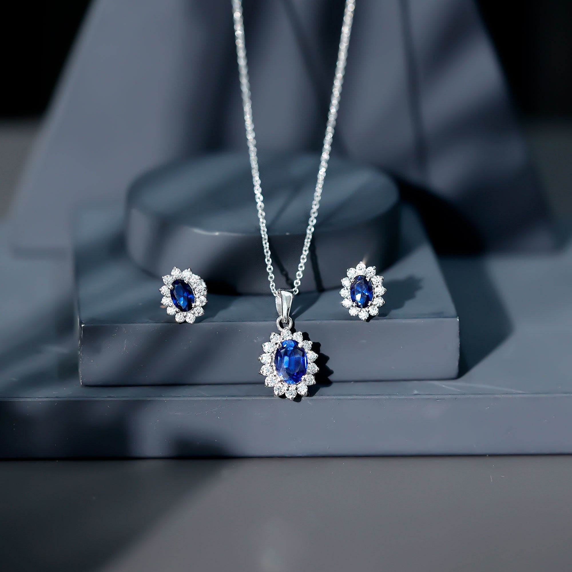 Classic Oval Cut Created Blue Sapphire and Moissanite Halo Jewelry Set