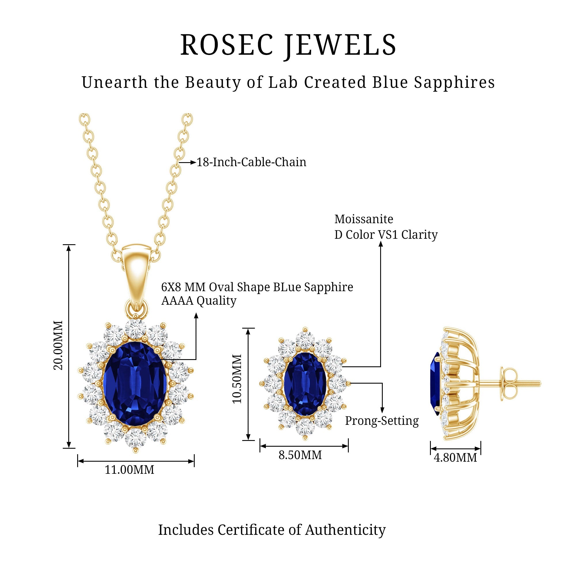 Classic Oval Cut Created Blue Sapphire and Moissanite Halo Jewelry Set