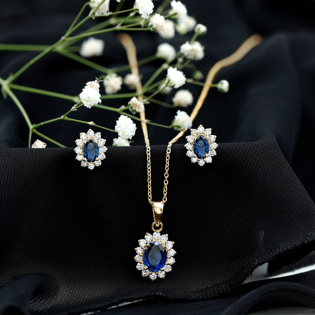 Classic Oval Cut Created Blue Sapphire and Moissanite Halo Jewelry Set