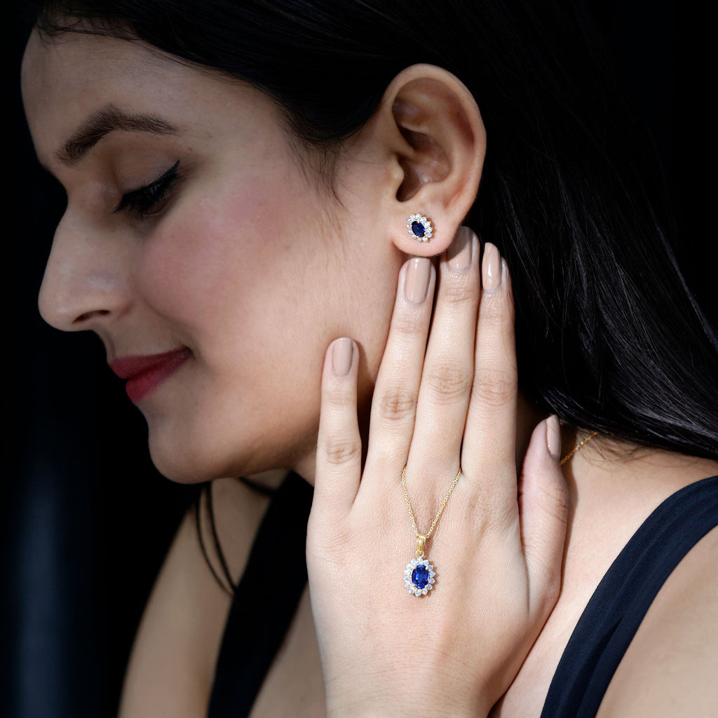 Classic Oval Cut Created Blue Sapphire and Moissanite Halo Jewelry Set