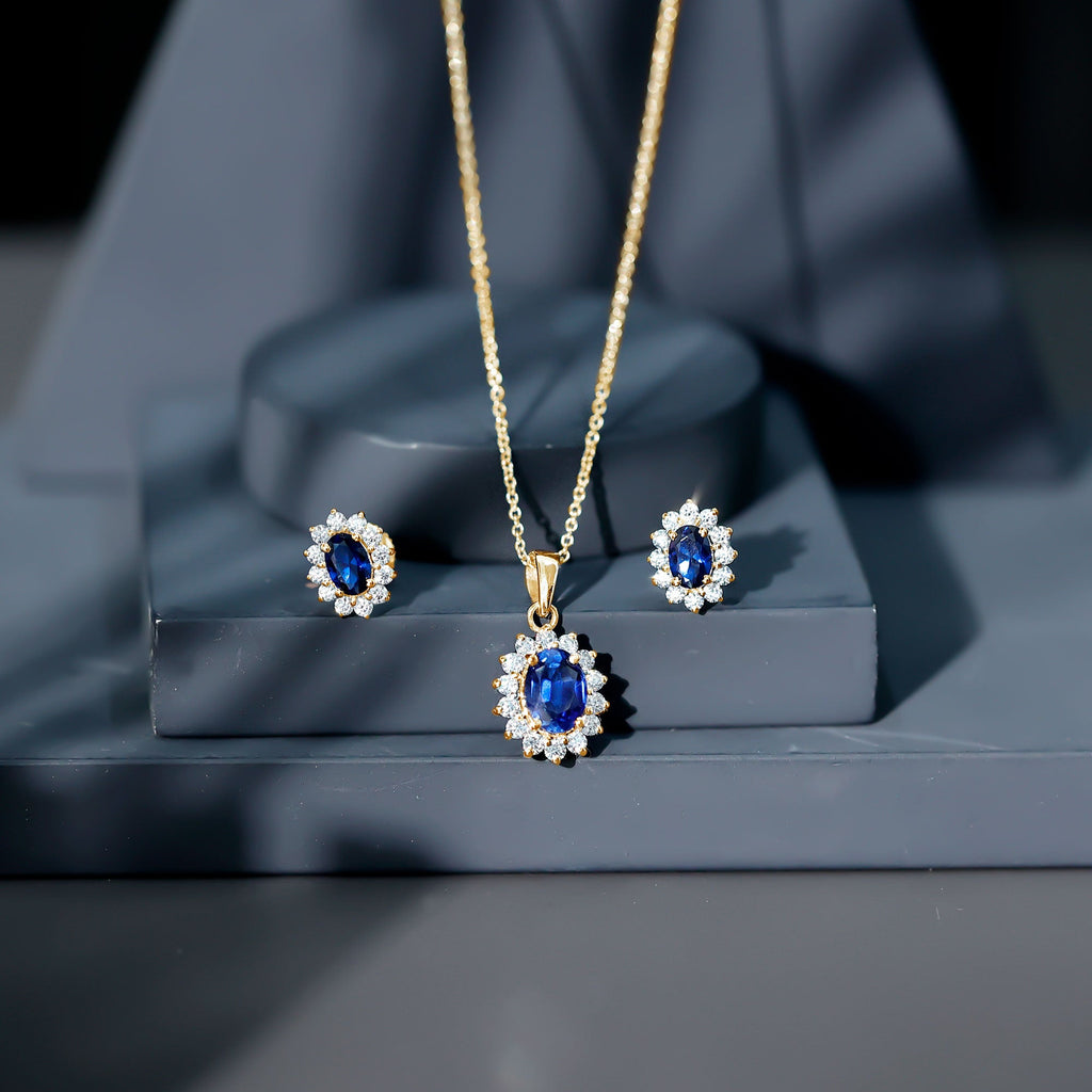 Classic Oval Cut Created Blue Sapphire and Moissanite Halo Jewelry Set
