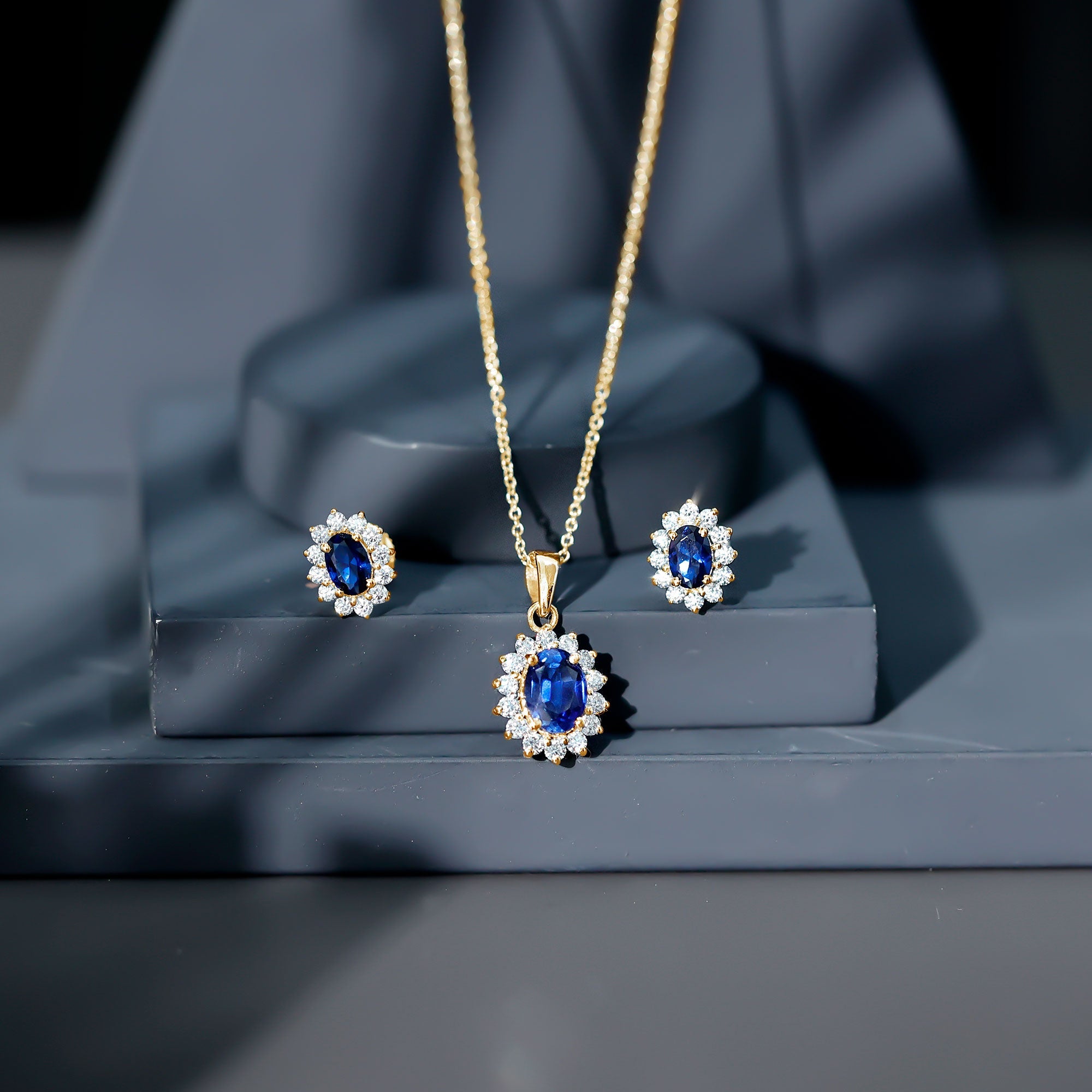 Classic Oval Cut Created Blue Sapphire and Moissanite Halo Jewelry Set