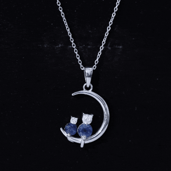 Genuine Blue Sapphire and Diamond Cat On Moon Necklace With Chain