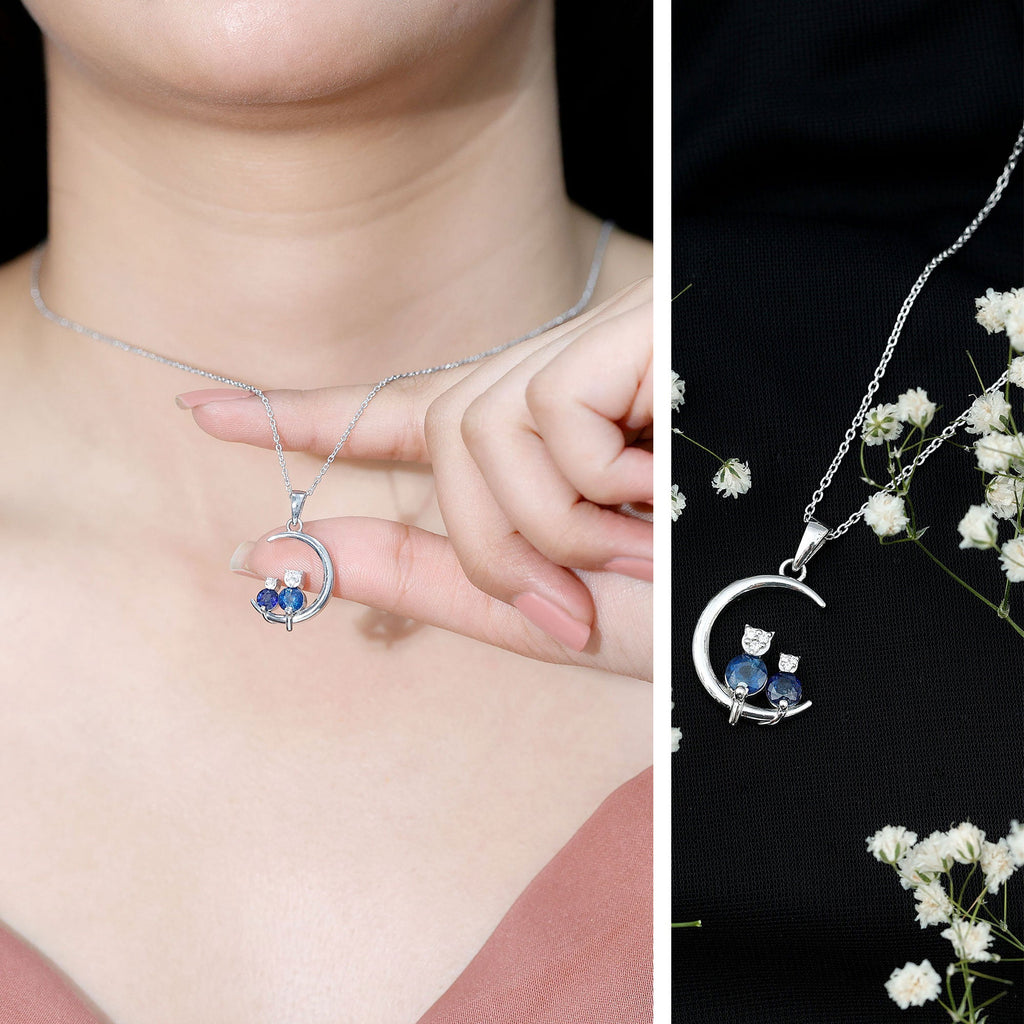 Genuine Blue Sapphire and Diamond Cat On Moon Necklace With Chain