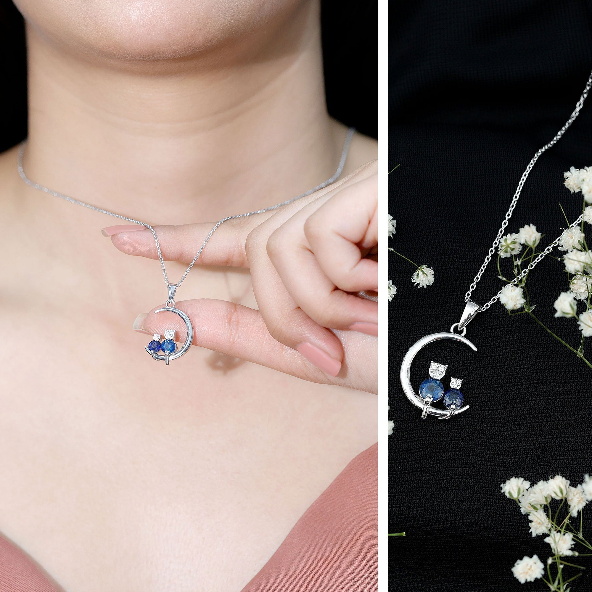 Genuine Blue Sapphire and Diamond Cat On Moon Necklace With Chain