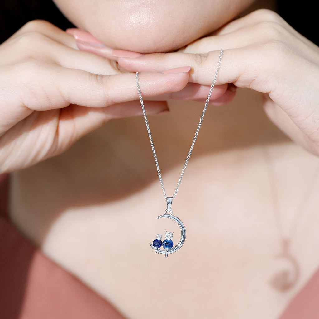 Genuine Blue Sapphire and Diamond Cat On Moon Necklace With Chain