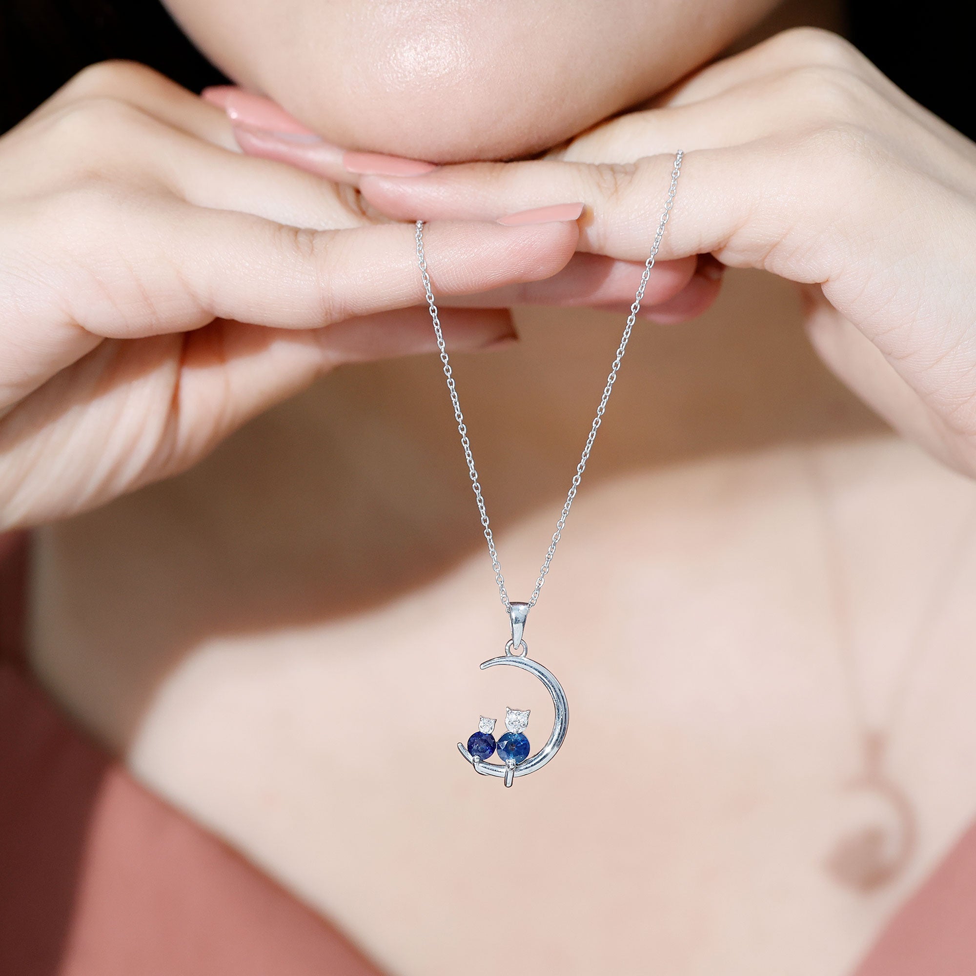 Genuine Blue Sapphire and Diamond Cat On Moon Necklace With Chain