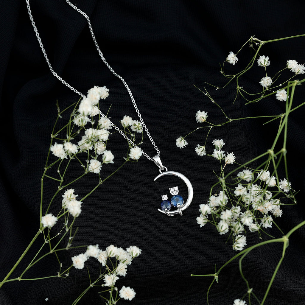 Genuine Blue Sapphire and Diamond Cat On Moon Necklace With Chain