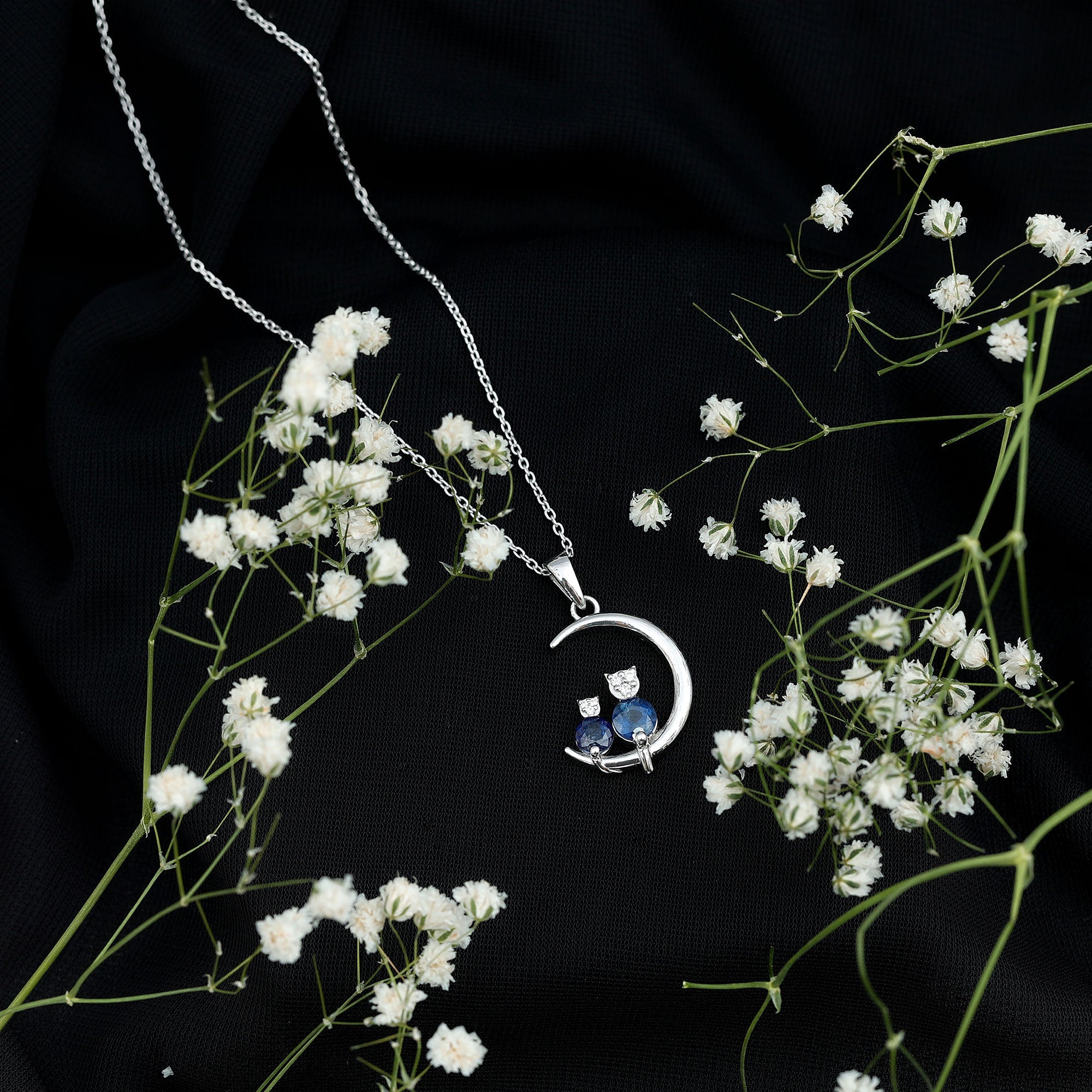 Genuine Blue Sapphire and Diamond Cat On Moon Necklace With Chain