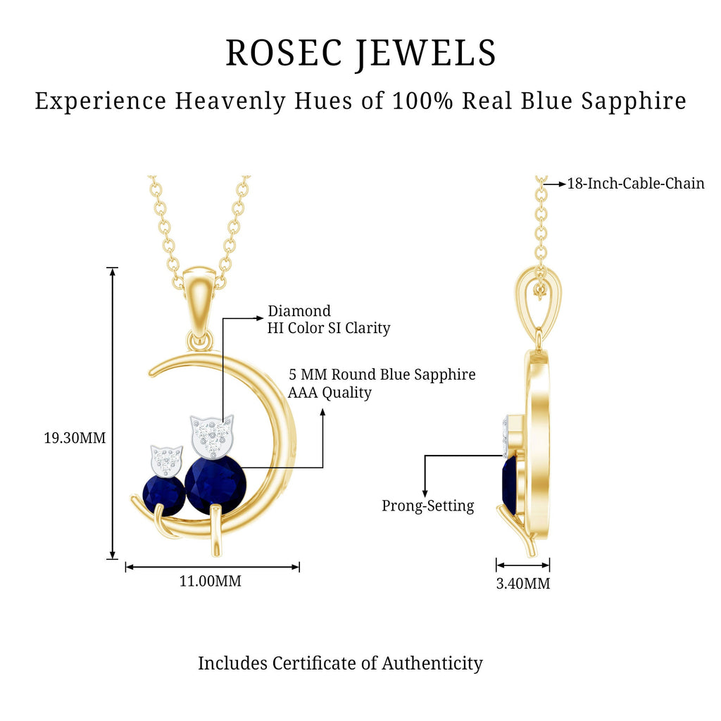 Genuine Blue Sapphire and Diamond Cat On Moon Necklace With Chain