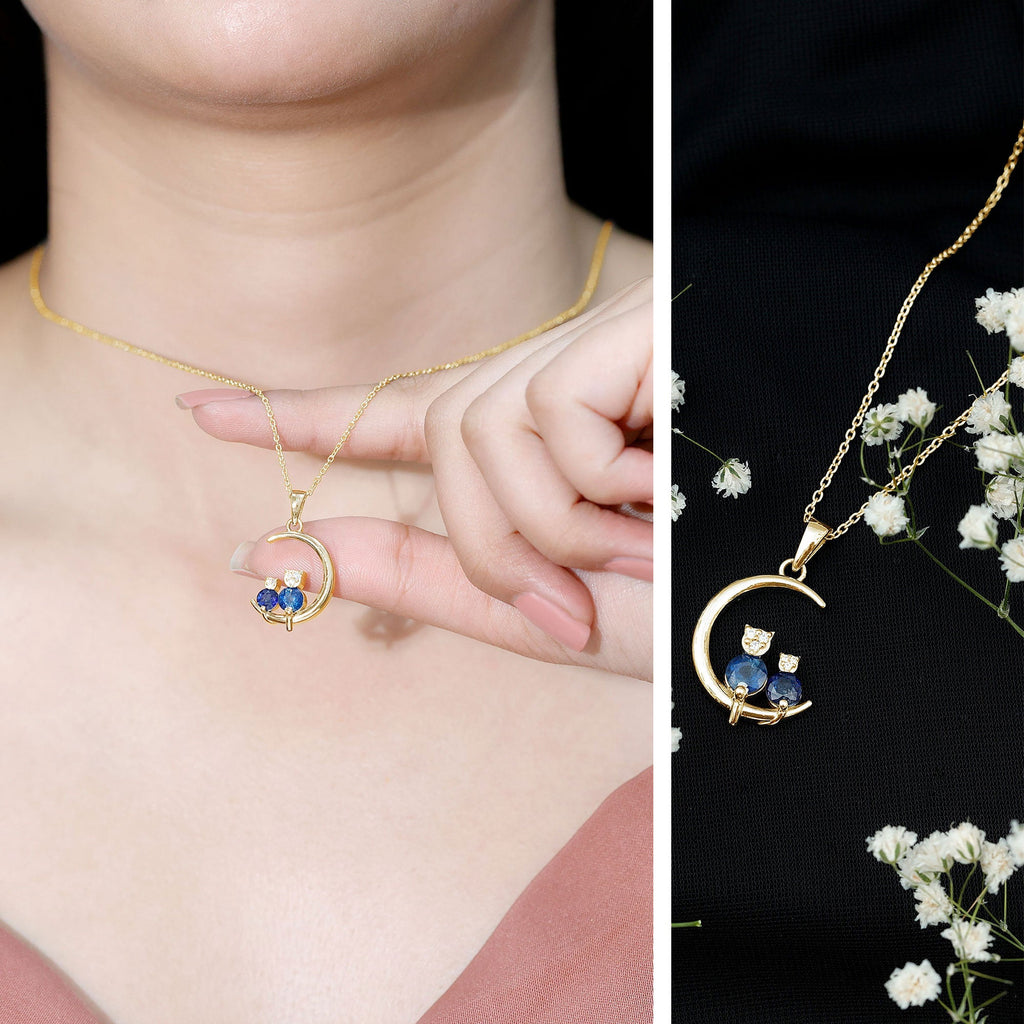 Genuine Blue Sapphire and Diamond Cat On Moon Necklace With Chain