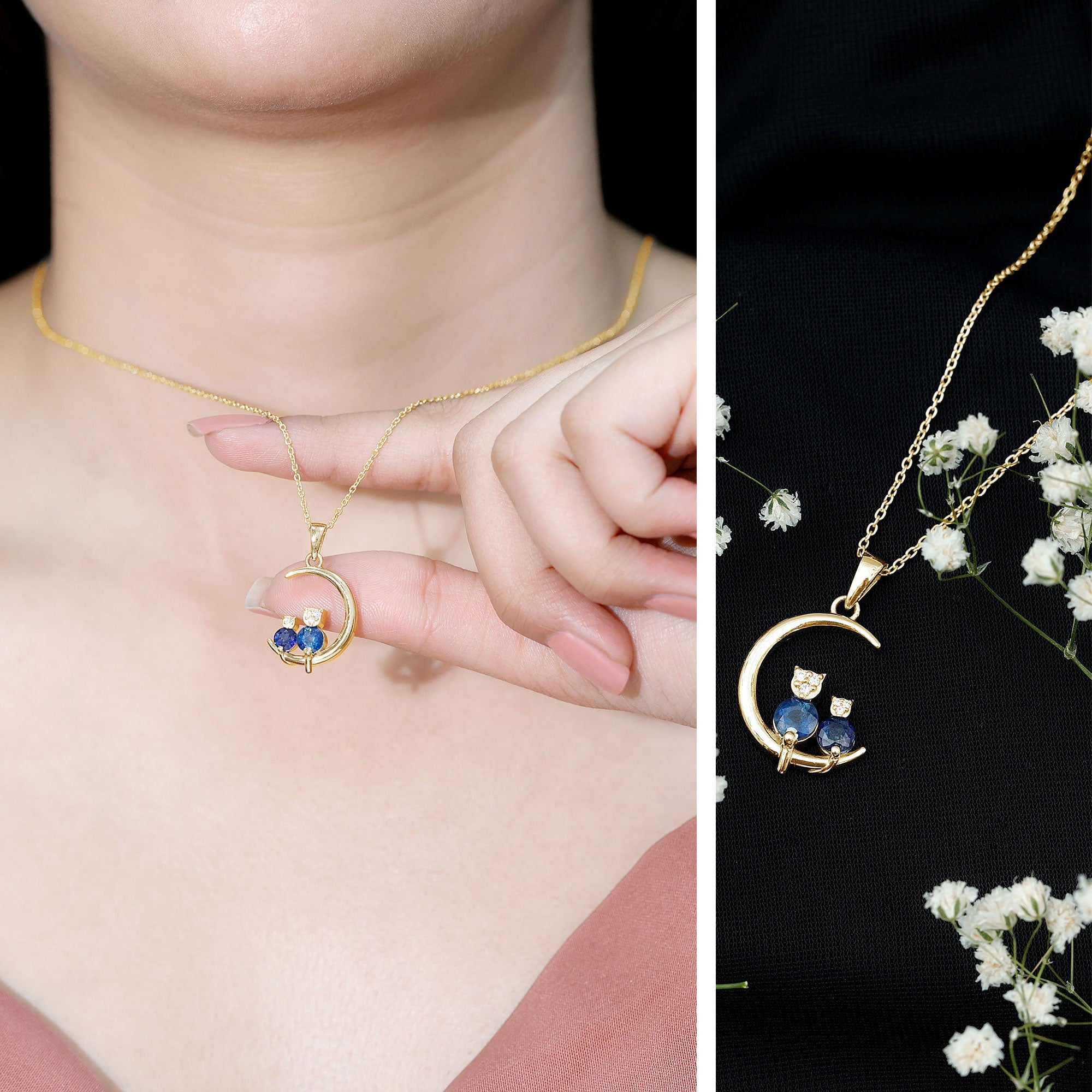 Genuine Blue Sapphire and Diamond Cat On Moon Necklace With Chain