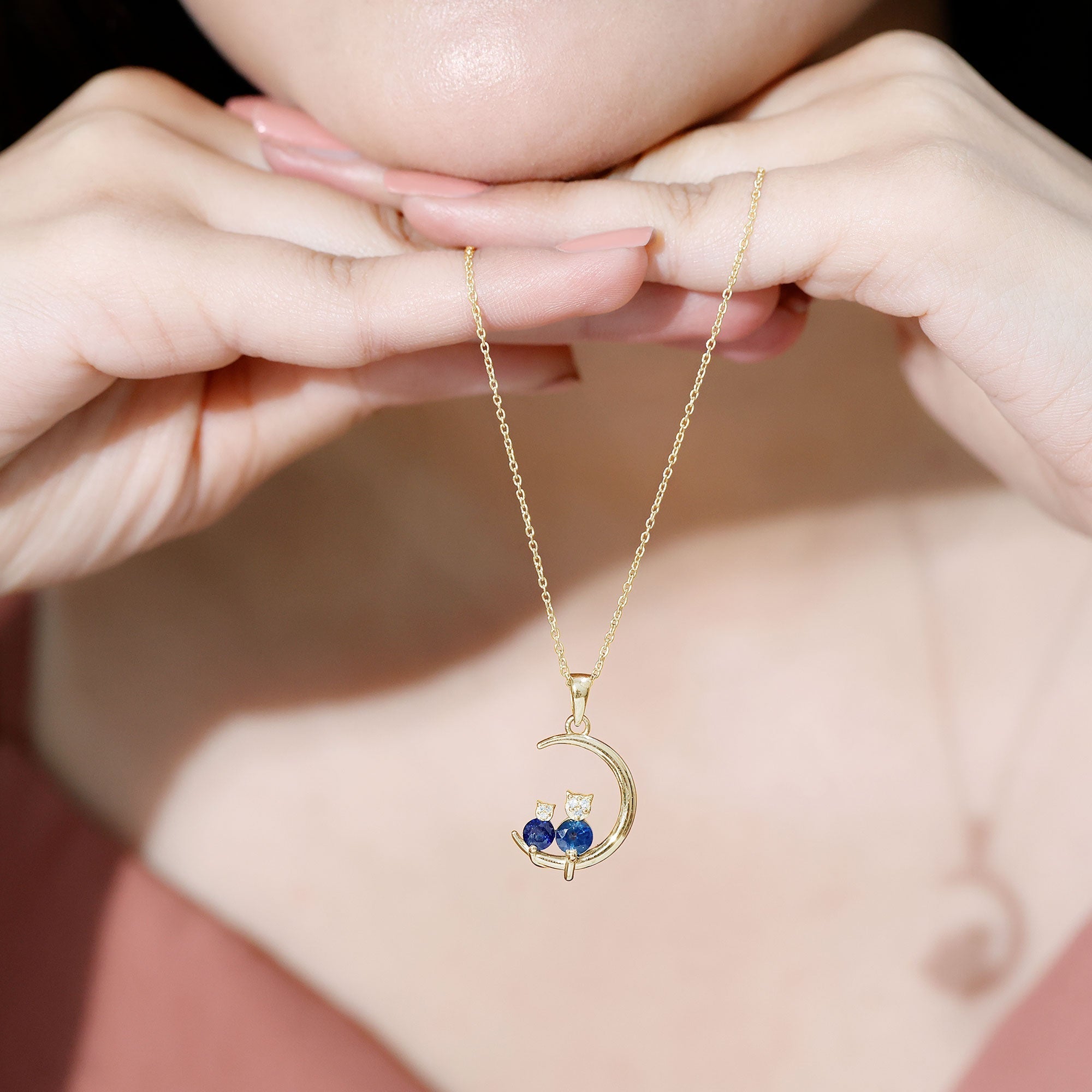 Genuine Blue Sapphire and Diamond Cat On Moon Necklace With Chain