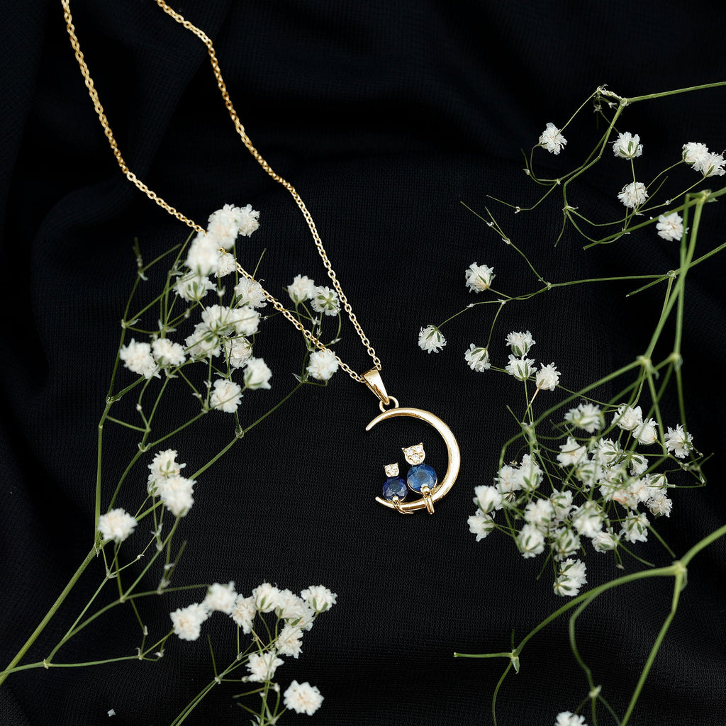 Genuine Blue Sapphire and Diamond Cat On Moon Necklace With Chain