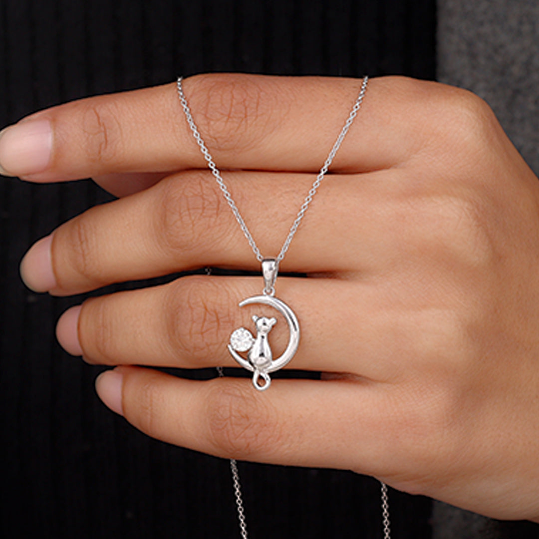 Certified Diamond Cat on Moon Necklace
