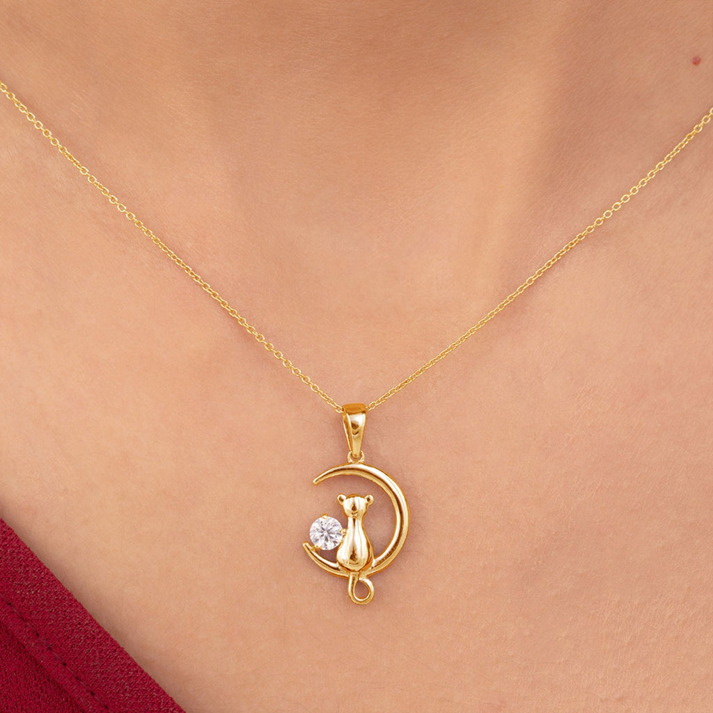 Certified Diamond Cat on Moon Necklace