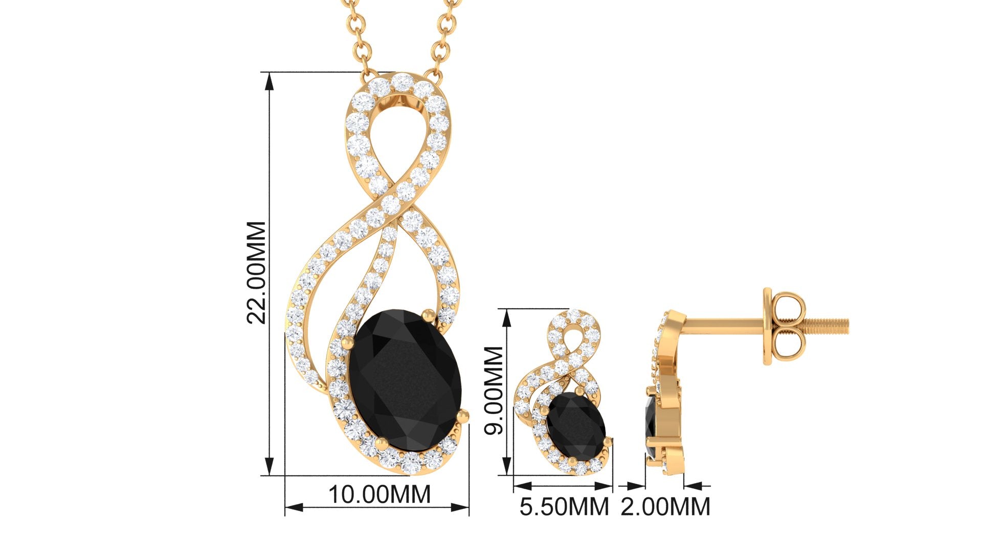 Natural Oval Black Onyx Diamond Infinity Jewelry Set with Certificate
