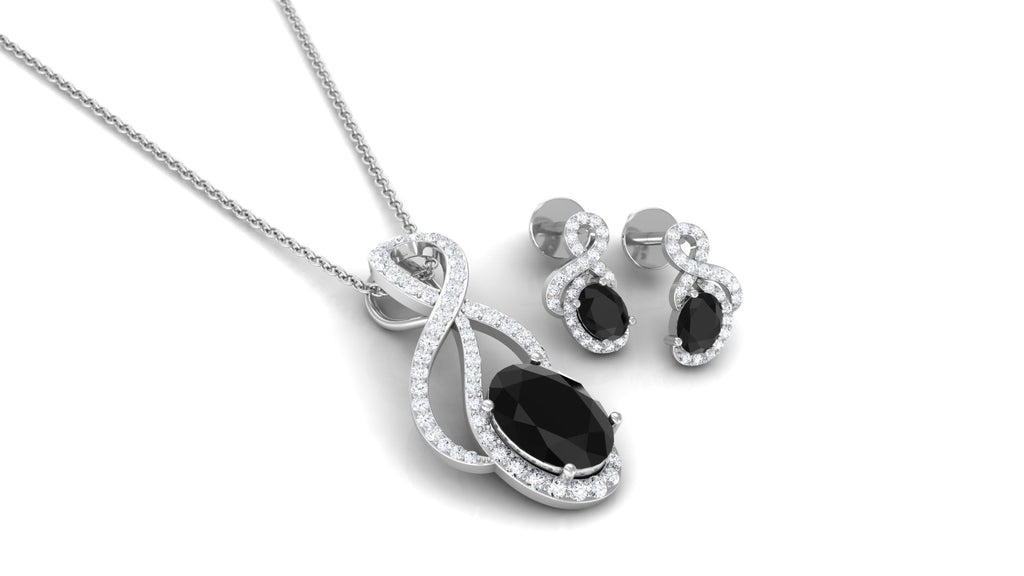 Natural Oval Black Onyx Diamond Infinity Jewelry Set with Certificate