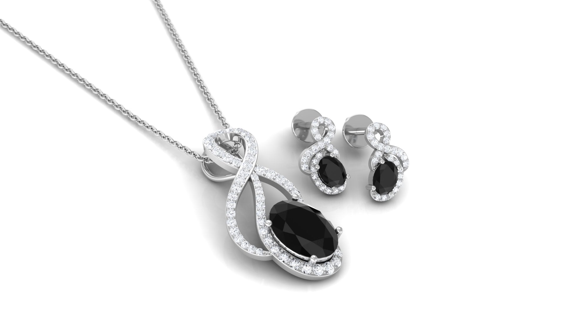 Natural Oval Black Onyx Diamond Infinity Jewelry Set with Certificate