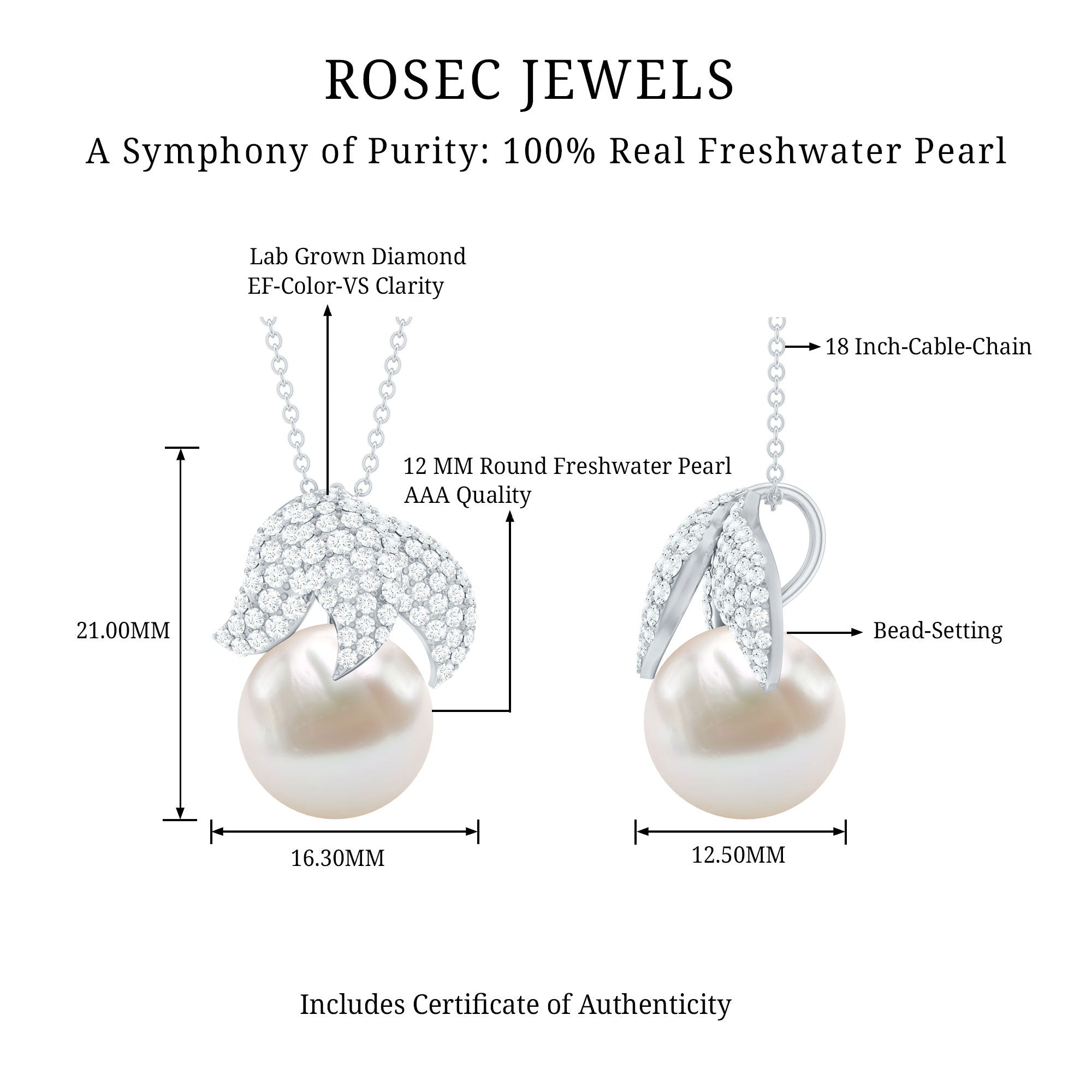 Certified Freshwater Pearl Bridal Necklace with Lab Diamond
