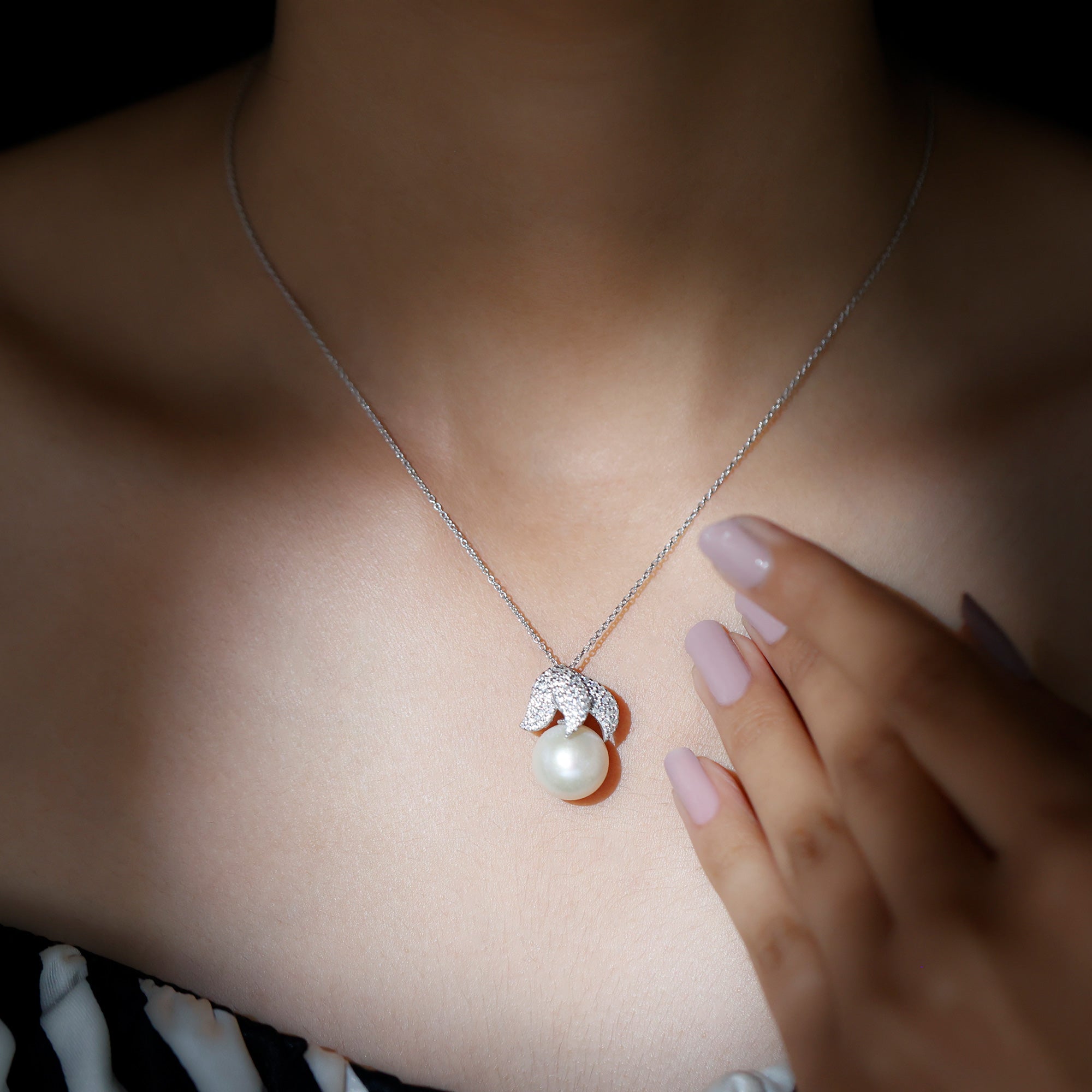 Certified Freshwater Pearl Bridal Necklace with Lab Diamond
