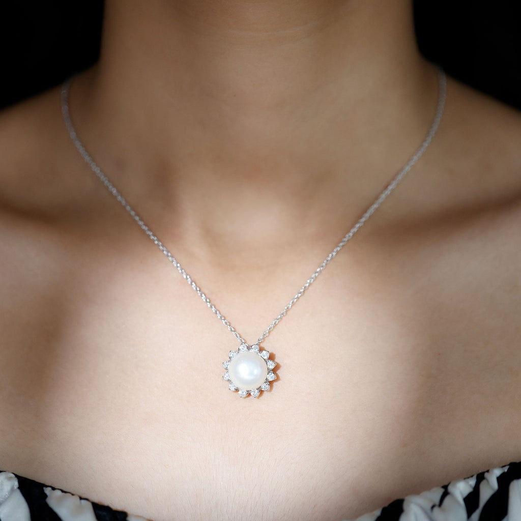 Freshwater Pearl and Moissanite Flower Chain Necklace