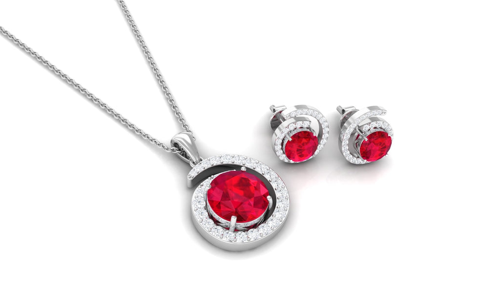 Created Ruby and Moissanite Swirl Pendant and Earrings Set