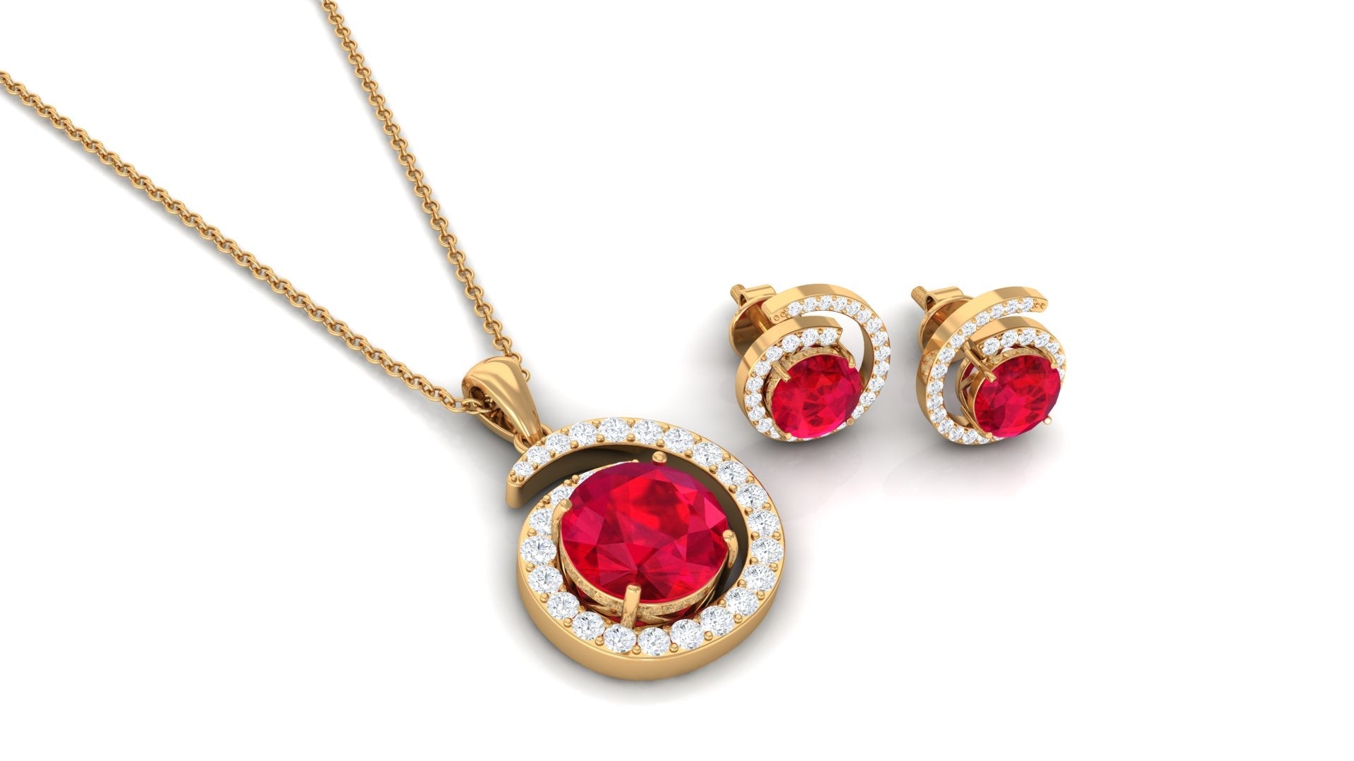 Created Ruby and Moissanite Swirl Pendant and Earrings Set