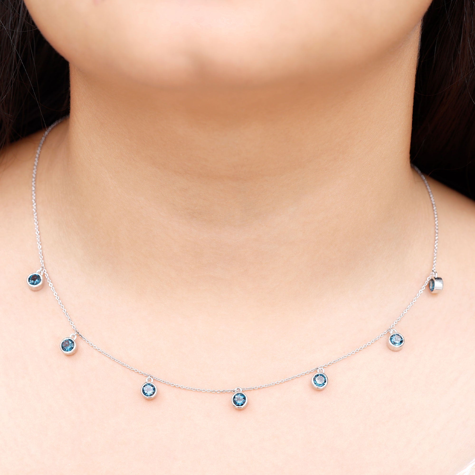 Real London Blue Topaz Station Necklace in Bezel Setting