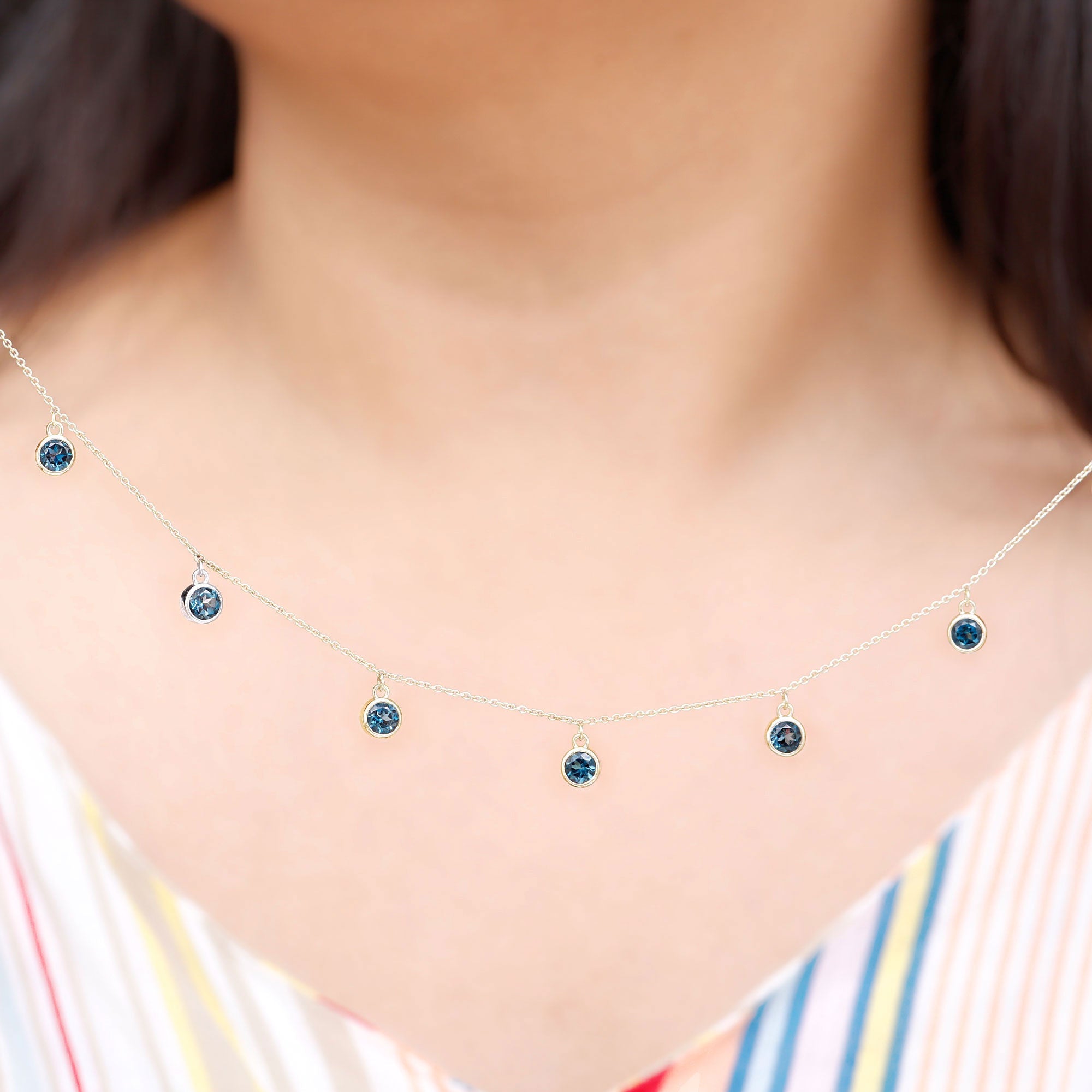Real London Blue Topaz Station Necklace in Bezel Setting