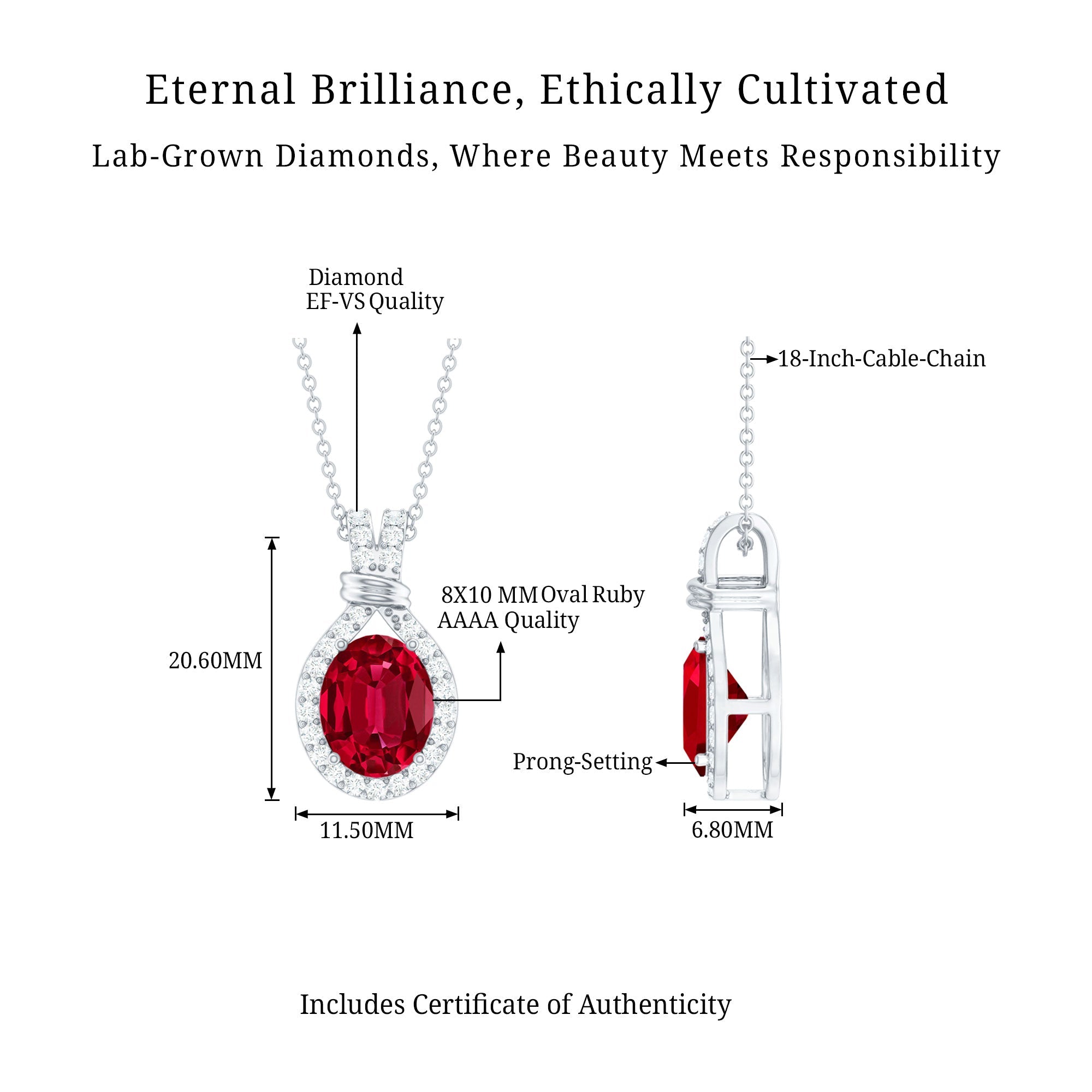 Classic Lab Grown Ruby Drop Pendant Necklace With Diamond Halo