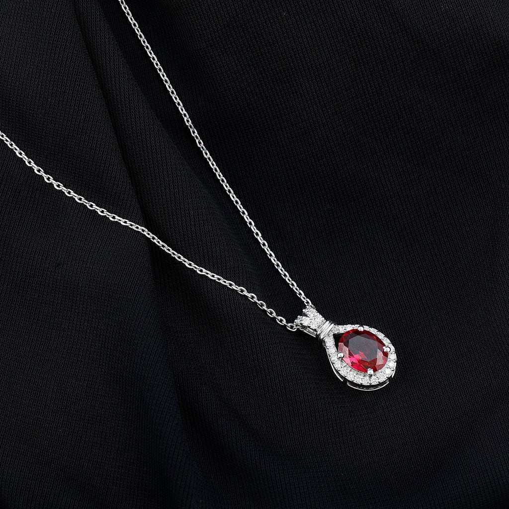 Classic Lab Grown Ruby Drop Pendant Necklace With Diamond Halo