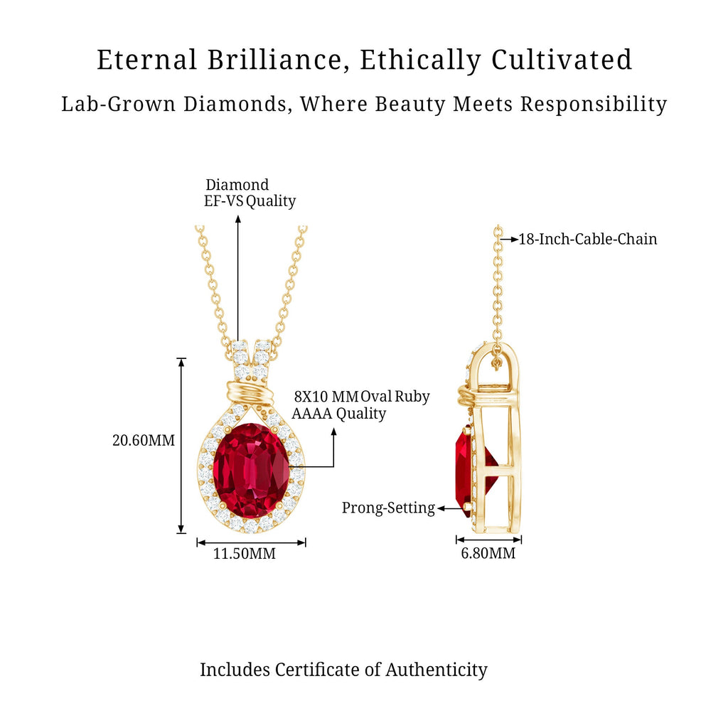 Classic Lab Grown Ruby Drop Pendant Necklace With Diamond Halo