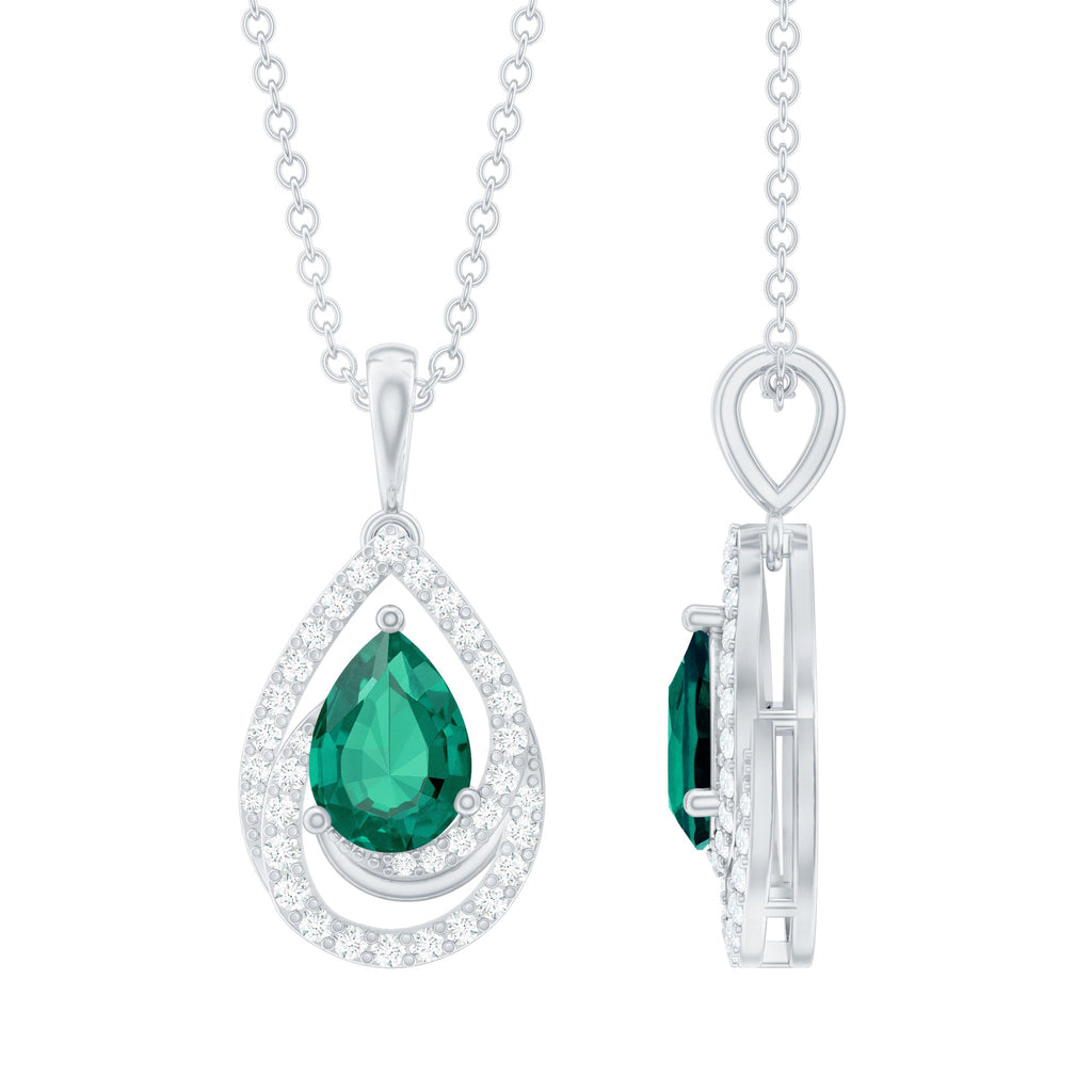 Sterling Silver 0.7 Carat Lab Grown Emerald Teardrop Pendant Necklace with Moissanite