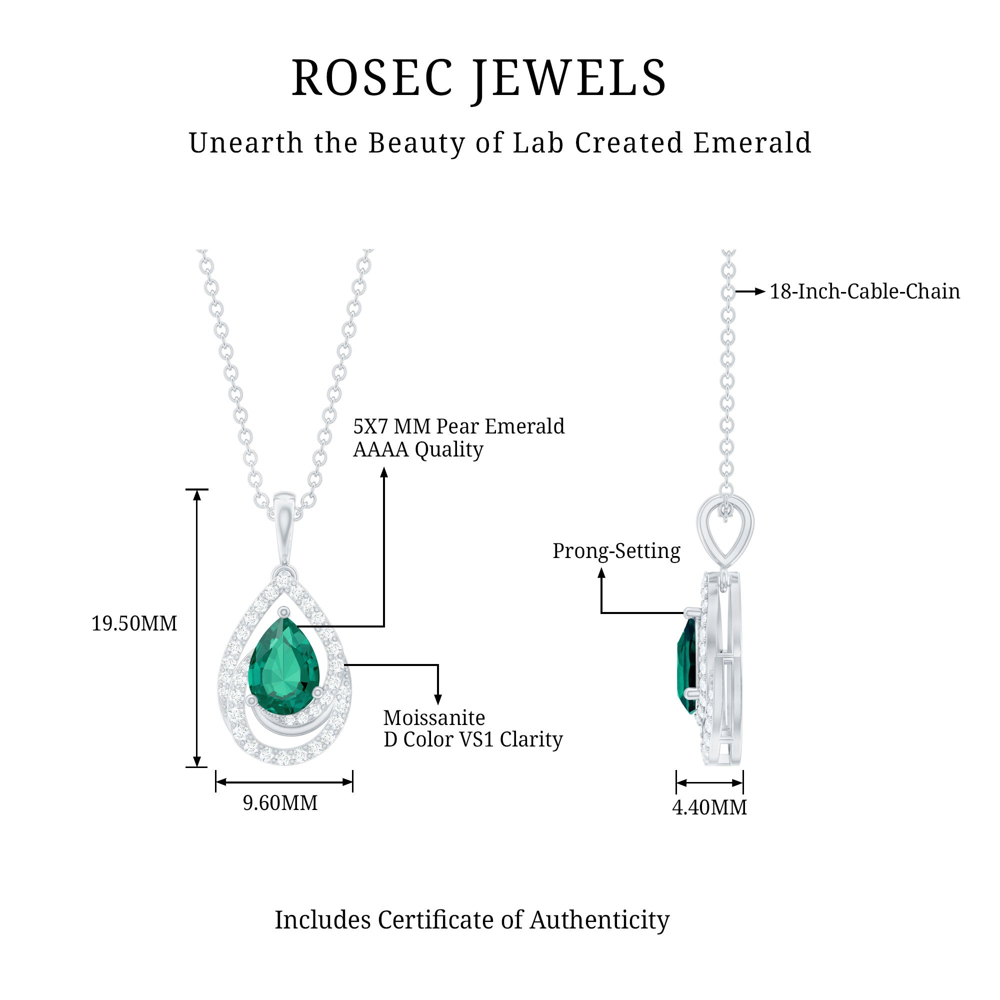 Sterling Silver 0.7 Carat Lab Grown Emerald Teardrop Pendant Necklace with Moissanite