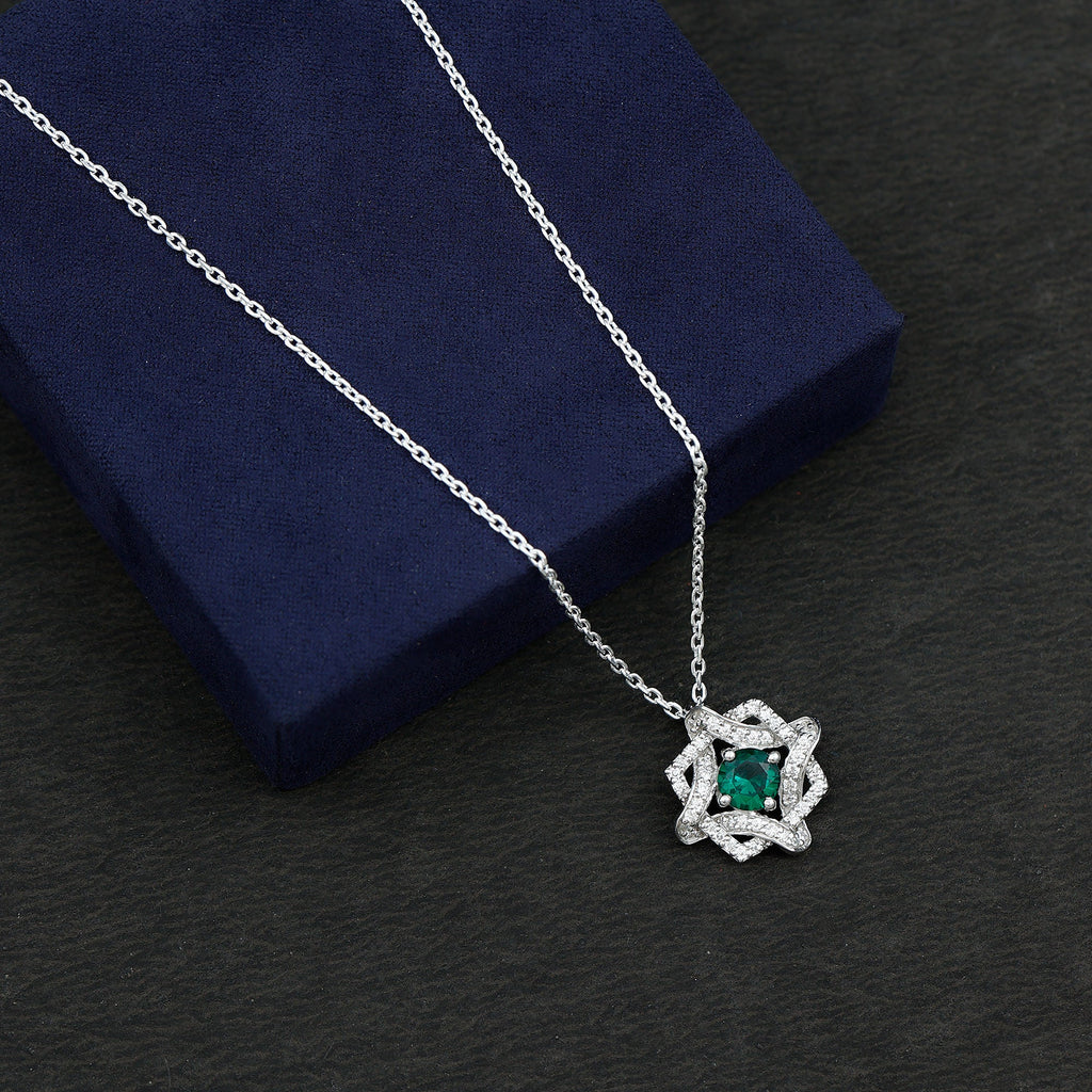 Certified 0.8 Carat Lab Grown Emerald Interlock Necklace with Silver Chain