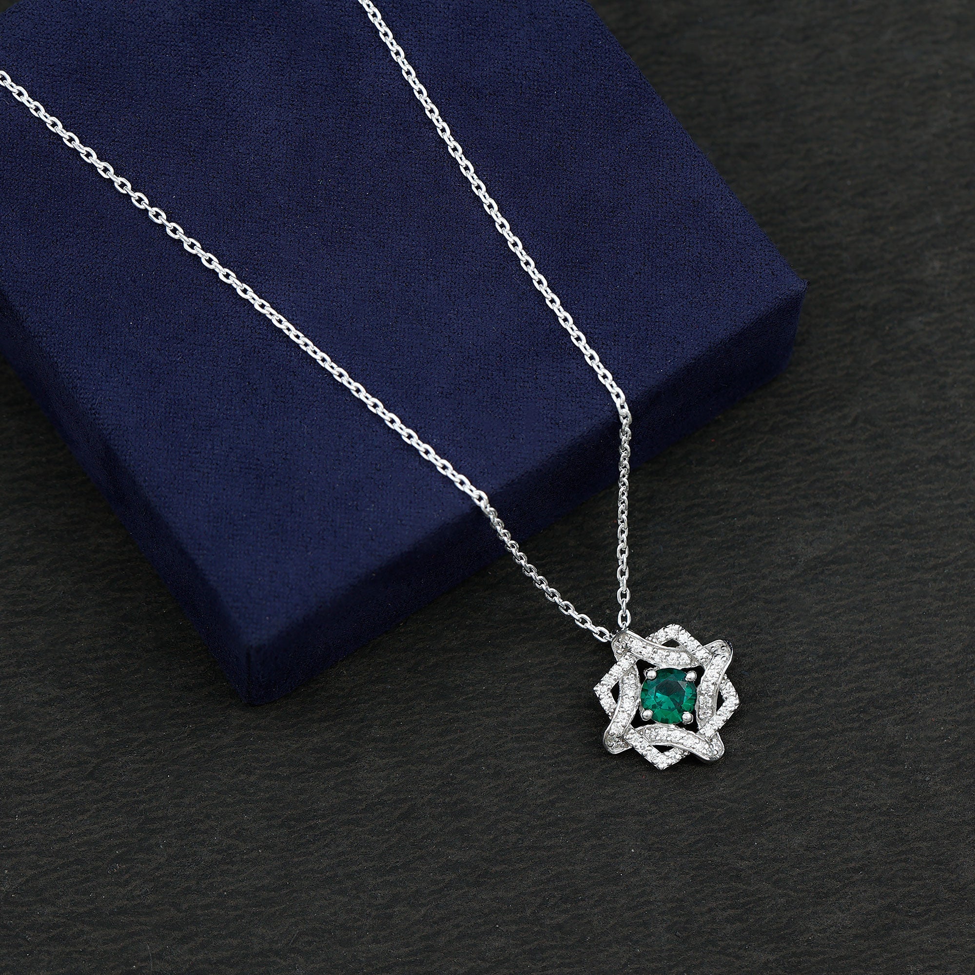 Certified 0.8 Carat Lab Grown Emerald Interlock Necklace with Silver Chain