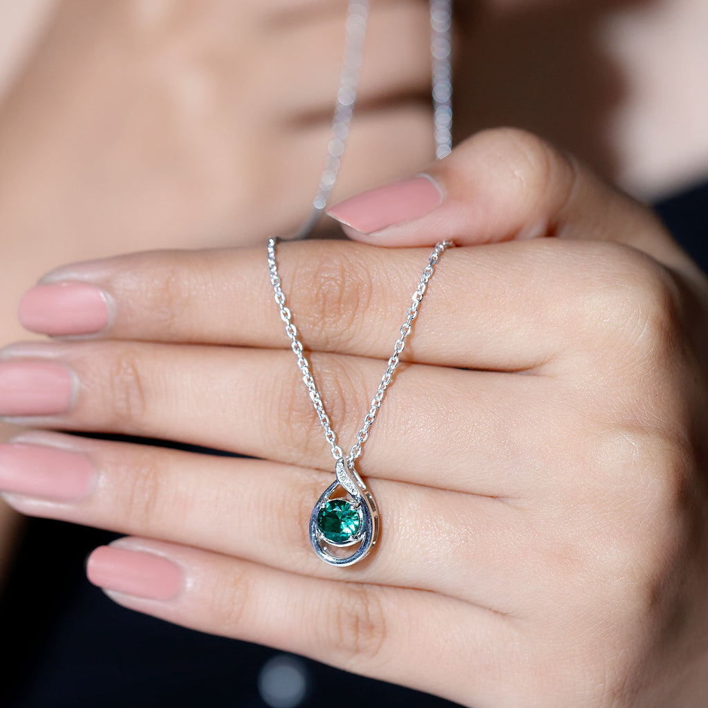 Lab Created 0.8 Carat Emerald Teardrop Necklace with Silver Chain