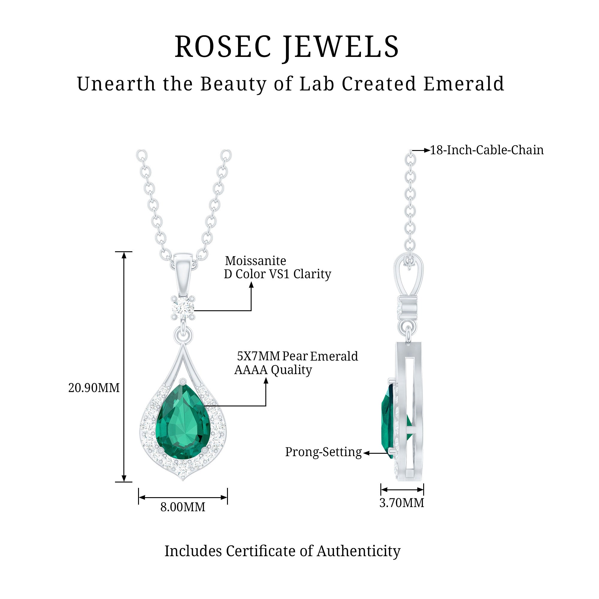 Certified 0.7 Carat Lab Grown Emerald Wedding Necklace with Chain