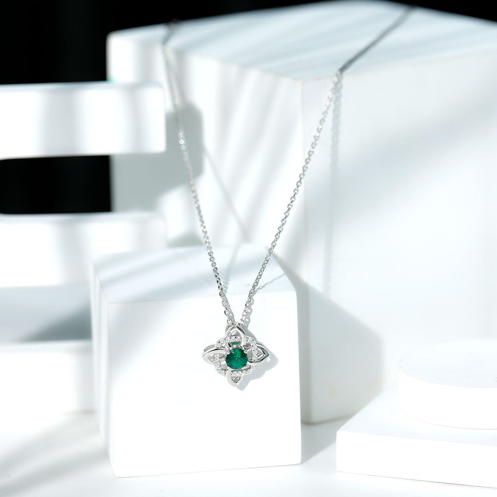 Lab Grown 0.8 Carat Emerald Floral Necklace in Silver