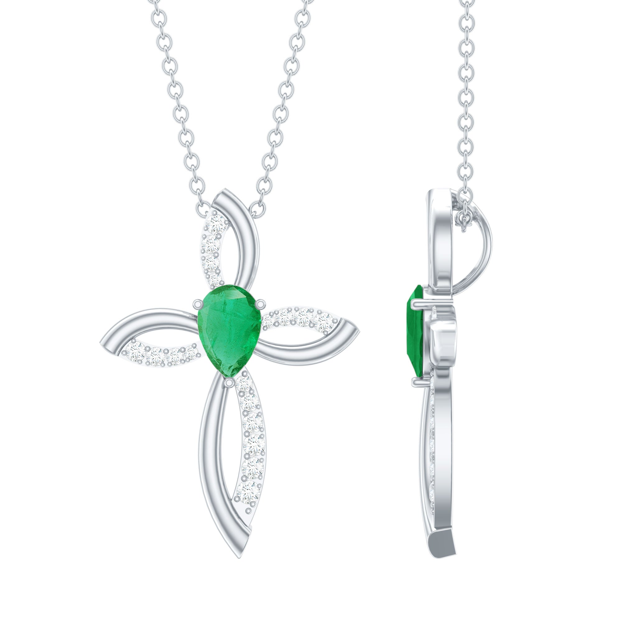 Pear Cut Emerald Cross Pendant With Lab Grown Diamond