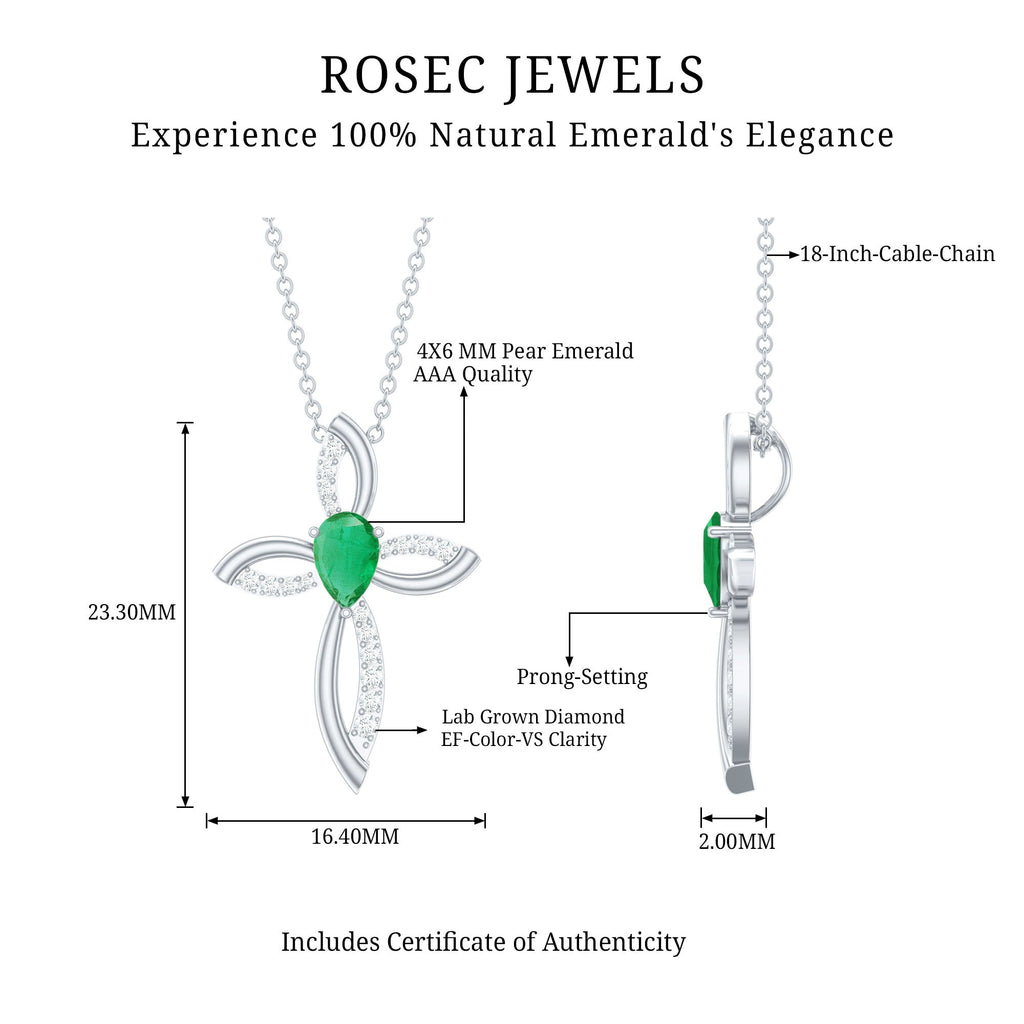 Pear Cut Emerald Cross Pendant With Lab Grown Diamond