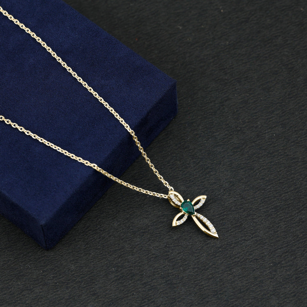 Pear Cut Emerald Cross Pendant With Lab Grown Diamond