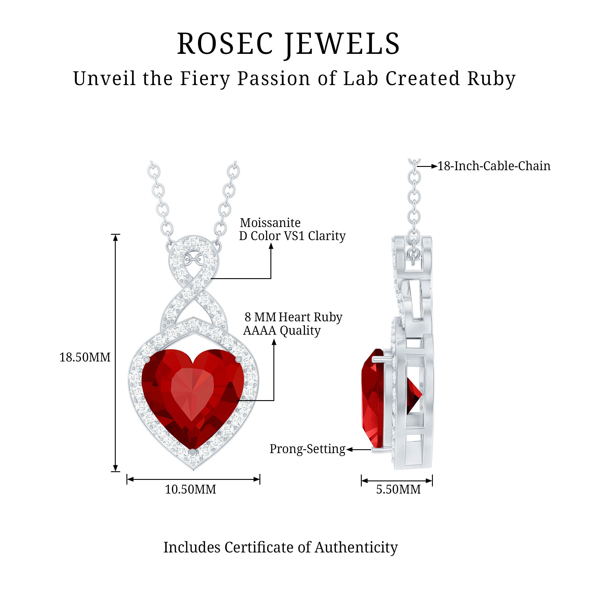 Certified Lab Created Ruby Heart Infinity Necklace With Chain