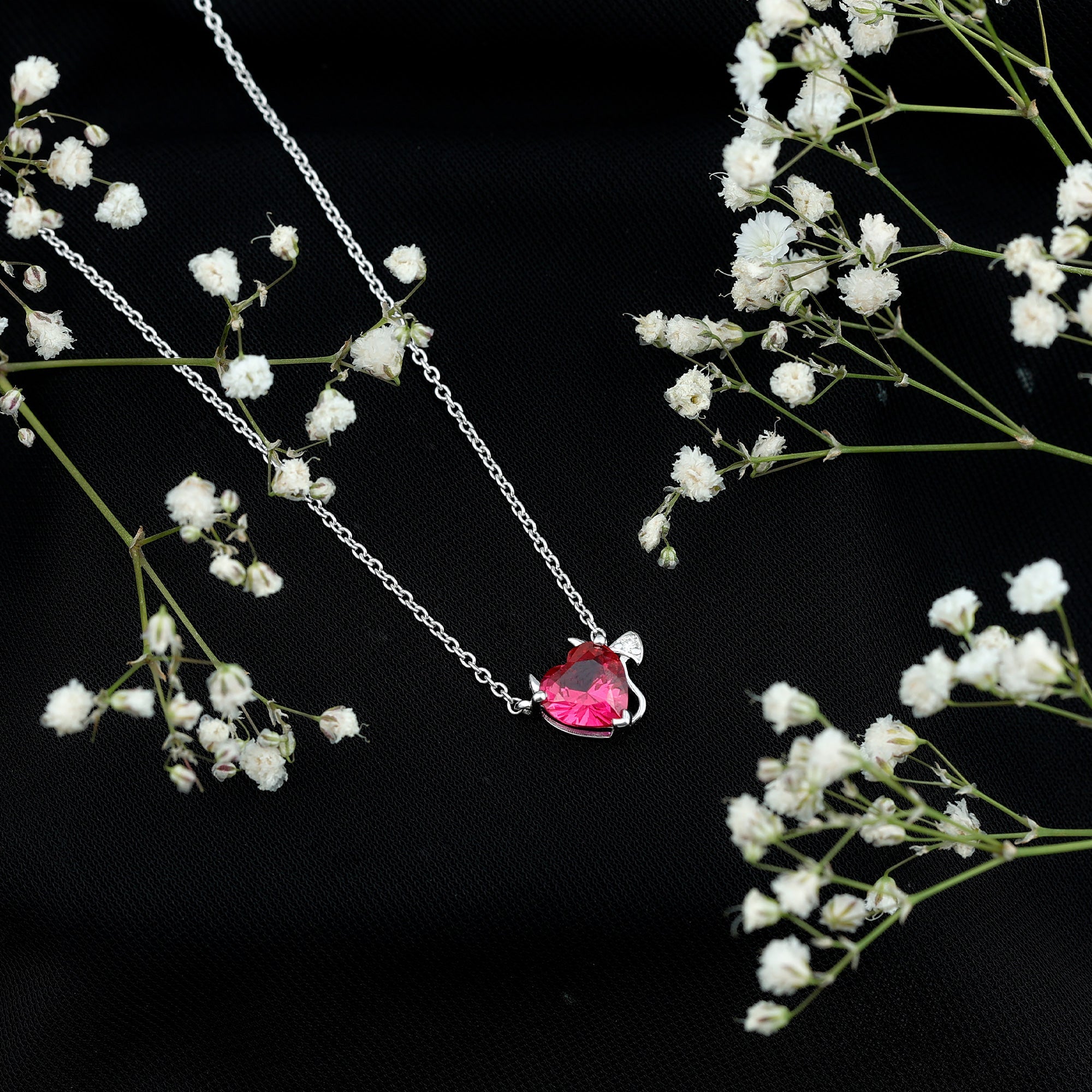 Lab Grown Ruby Devil Heart Necklace with Chain
