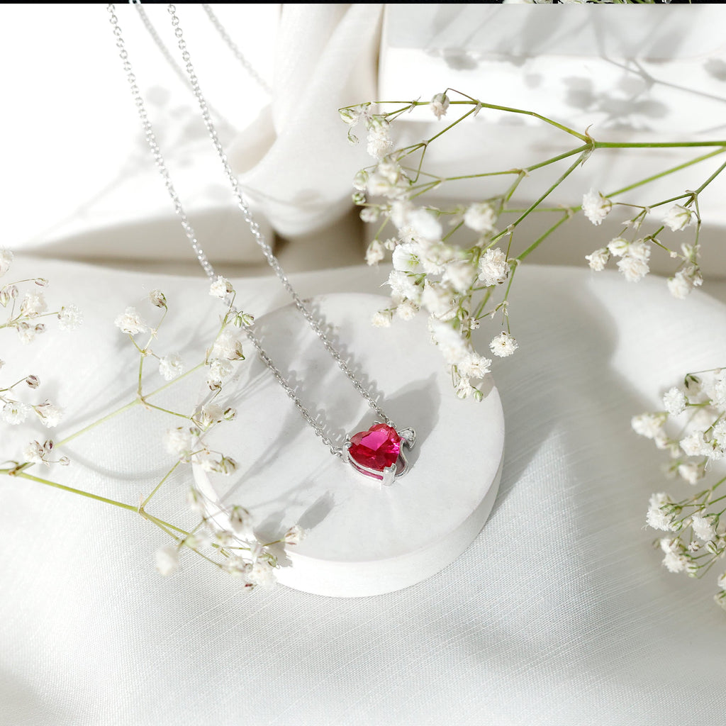 Lab Grown Ruby Devil Heart Necklace with Chain