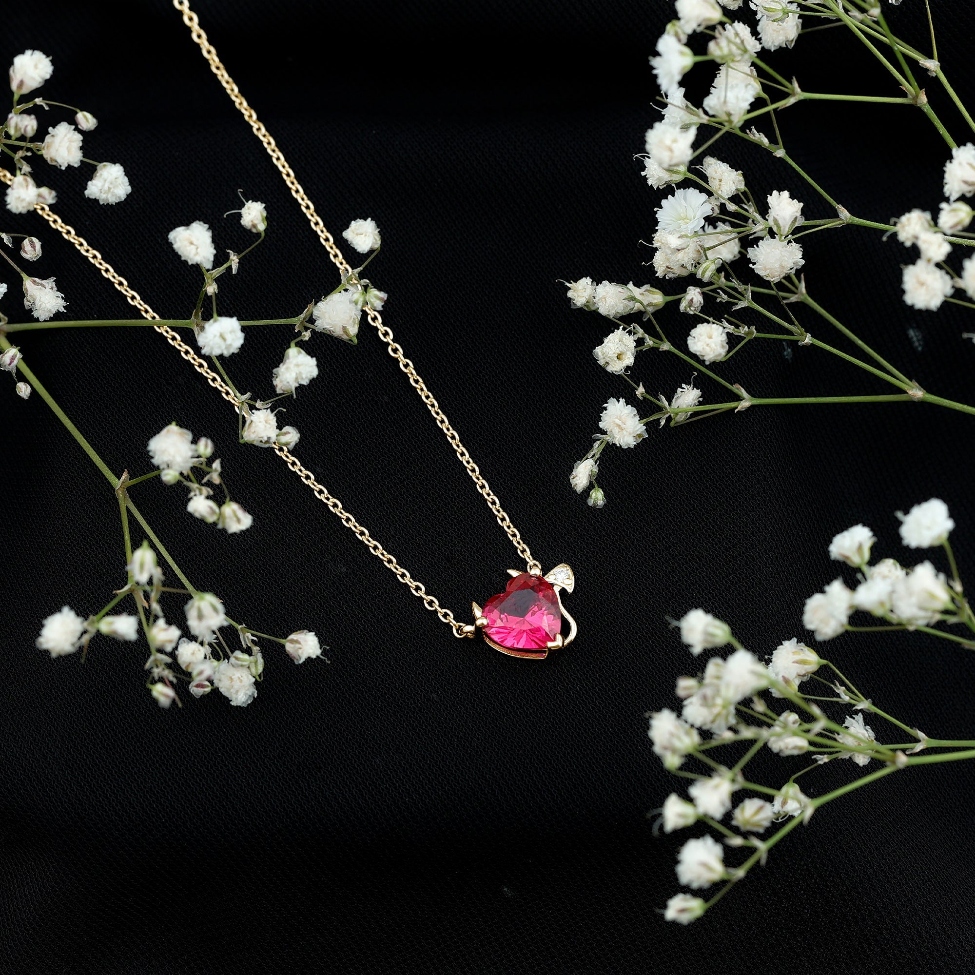 Lab Grown Ruby Devil Heart Necklace with Chain